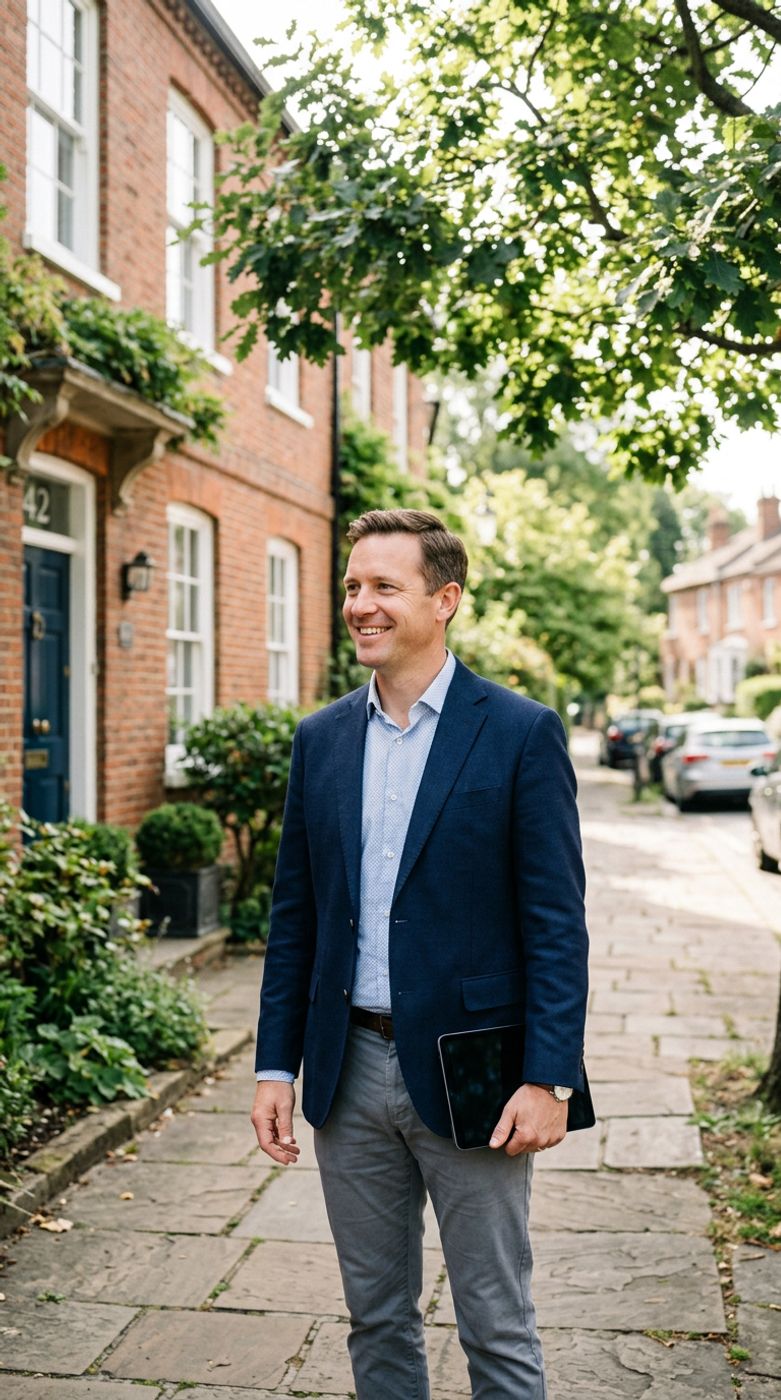 A smiling real estate agent in a navy blazer standing on a tree-lined brick street, holding a tablet. Generated image.