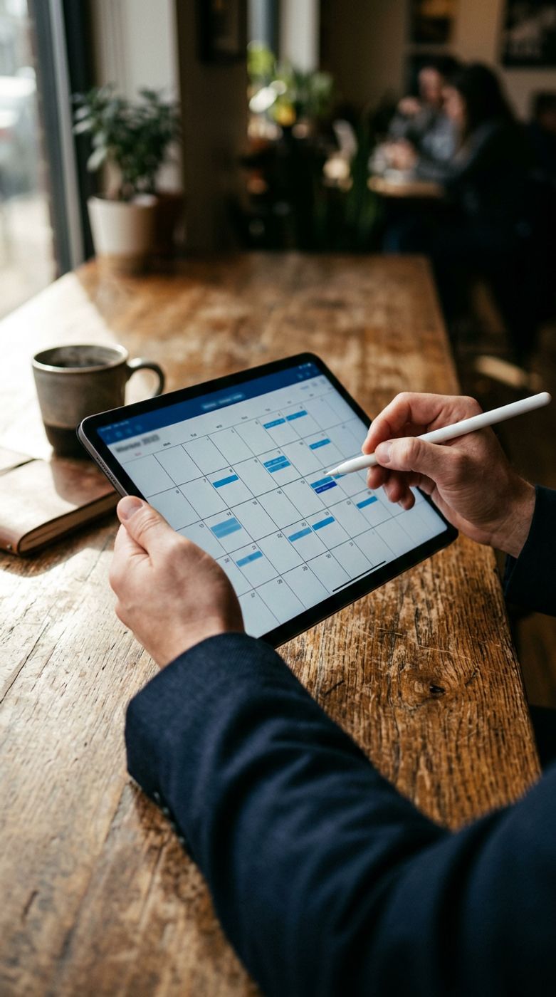 Hands holding a tablet that shows a month calendar with blue entries, on a wooden cafe table. Generated image.